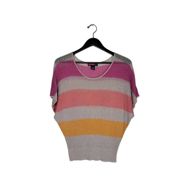 Say What? Women's Short Dolman Sleeves Multicolor Striped Bohemian Top Size L - Picture 2 of 9
